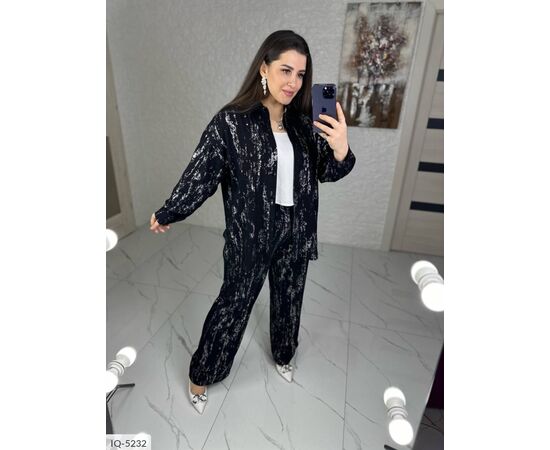 Фотография Костюм-двойка: рубашка + брюки клеш, приятная ткань с качественным серебряным напылением, переливается хорошим сиянием на свете, в таком костюме вы не остаться не замеченной р.50-52;54-56;58-60 "VLADA" купить недорого от прямого поставщика, изображение 11